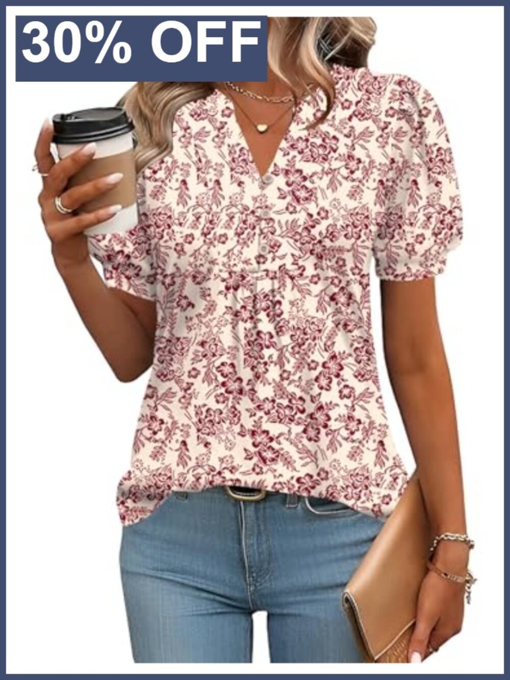 Womens Puff Short Sleeve V-Neck Blouse Pleated Casual Dressy Top